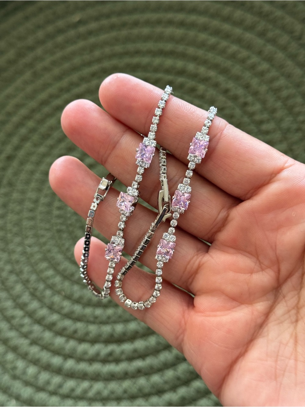 Dainty Thin Silver-Plated Bracelets with Light Pink Rose and White Clear CZ